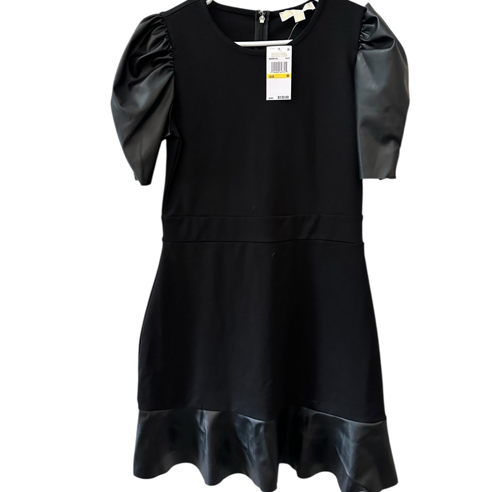 Michael Kors Women’s Black Mini Dress with Faux Leather Cap Sleeves & Hem! NEW!